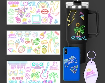 Retro Neon Sign UV DTF Transfers for Stanley Cups, Tumblers, Water Bottles, Keychains, Laptops - Waterproof Decals, No Heat, Custom Stickers