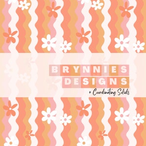 Summer Retro Flower Power Swirl Stripe Digital Pattern + 3 coordinating solids- Seamless Repeat Pattern, Fabric Pattern, Seamless File- PNG