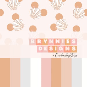 May include: A seamless pattern featuring a white seashell with a pink pearl and a peach-colored circle. The pattern is repeated on a light pink background. The text "BRYNNIES DESIGNS + Coordinating Stripe" is displayed below the pattern.