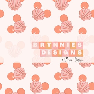 May include: A seamless pattern featuring pink and orange seashells with pearl accents. The text "BRYNNIES DESIGNS + Stripe Design" is centered at the bottom of the image.