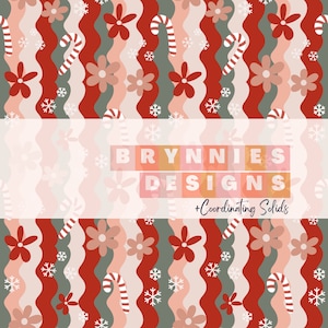 May include: A repeating pattern with a festive theme. The design features wavy vertical stripes in red, gray, and light pink, adorned with flowers, snowflakes, and candy canes. The text "BRYNNIES DESIGNS + Coordinating Solids" is displayed.