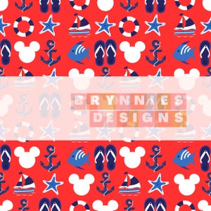 Op de afbeelding: Een rood nautisch patroon met witte Mickey Mouse-hoofden, ankers, zeesterren, zeilboten, vissen, slippers en reddingsboeien. De tekst "BRYNNAES DESIGNS" staat in het midden. Geschikt voor zomerproducten.