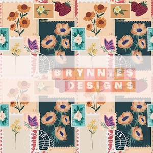 May include: A seamless pattern featuring vintage postage stamps with floral designs, butterflies, and strawberries. The stamps are in shades of blue, green, yellow, red, and white. The text on the stamps reads "5 US POSTAGE 5" and "MISSISSIPPI".