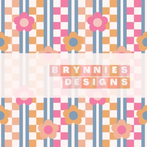 Boho Bright Flower Power Checker Stripe Design- con lunares coordinados- Patrón digital retro, impresión repetida sin costuras /tela /archivo