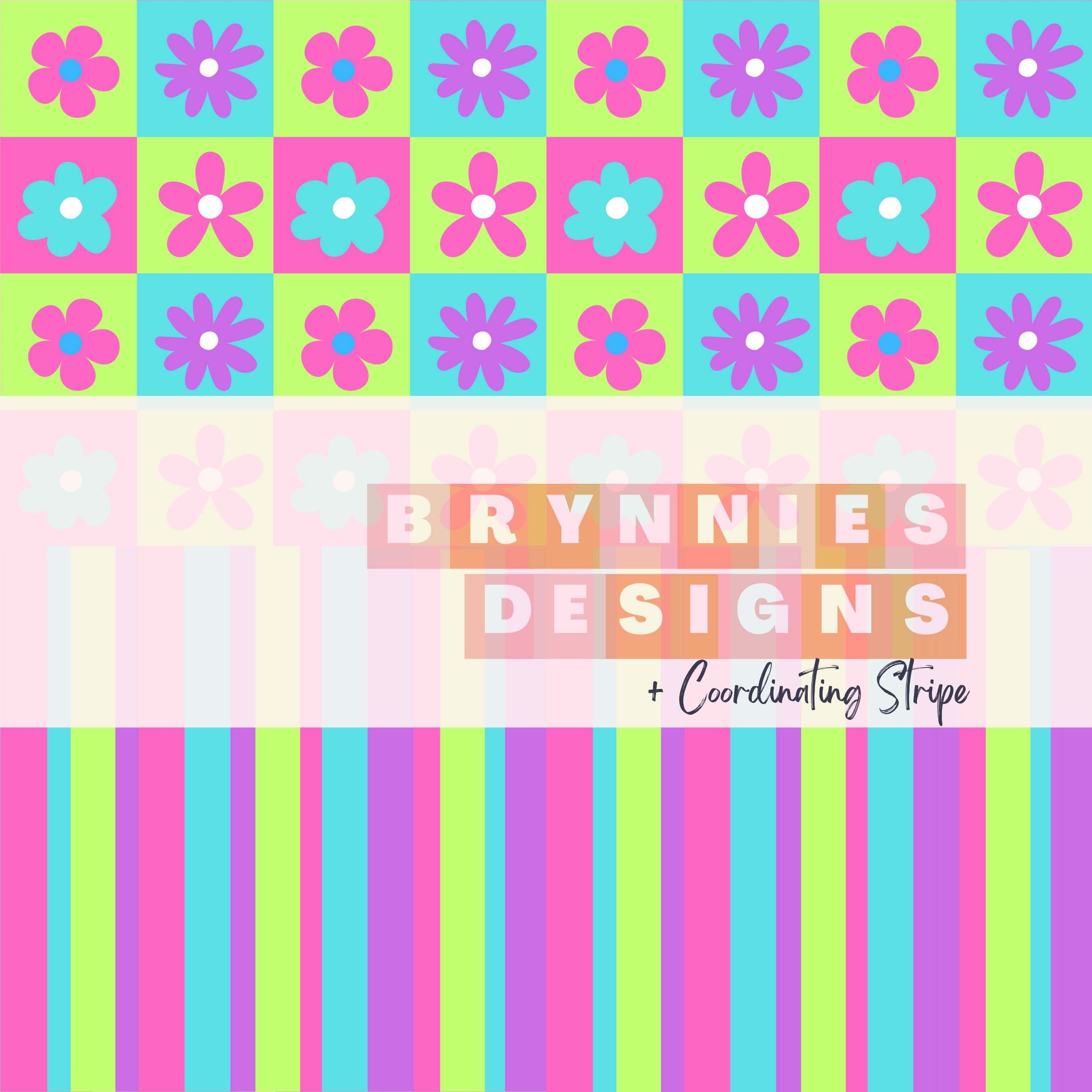 Neon Flower Checker W/coordinating Stripe Digital Pattern, Seamless ...