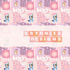 May include: A repeating pattern featuring the word "BLUEY" in white script, along with cartoon characters wearing Santa hats. The design incorporates pink, purple, and white elements, including snowflakes and star shapes. The text "BRYNNIES DESIGNS" is also present.