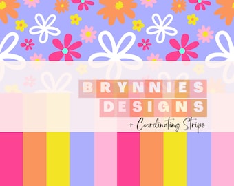 Periwinklele Bright Flower Design with Coordinating Stripe- Digital, Seamless Repeat, Fabric, File- Spring- Summer- Swim- Paper- PNG