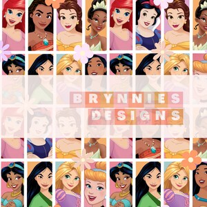 Op de afbeelding: Een digitale collage met verschillende Disney-prinsessen met een witte banner waarop "BRYNNIES DESIGNS" staat. De prinsessen zijn in een rasterpatroon afgebeeld met verschillende bloemmotieven.