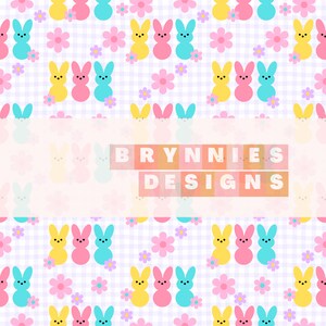 May include: A seamless pattern featuring pastel yellow, pink, and blue bunny-shaped marshmallow peeps on a white and light purple gingham background with pink and purple flowers. The text "BRYNNIES DESIGNS" is in the center of the image.