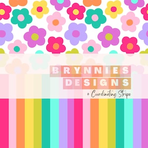 Regenbogen helles Blumendesign mit koordinierenden Streifen - Digital, Nahtlose Wiederholung, Stoff, Datei - Frühling - Sommer - Schwimmen - Papier - PNG