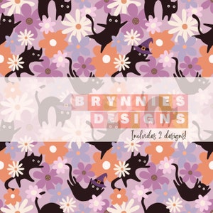 Könnte beinhalten: Ein sich wiederholendes Muster mit schwarzen Katzen und bunten Blumen in Lila, Orange und Weiß. Einige Katzen tragen Hexenhüte. Der Text "BRYNNIES DESIGNS" und "Includes 2 designs!" sind ebenfalls vorhanden.