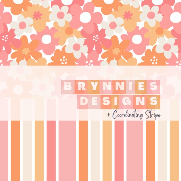 Oahu Flower Bright with Coordinating Stripe- Digital Pattern, Seamless Repeat Pattern, Fabric Pattern, Seamless File- Spring- Summer- Swim
