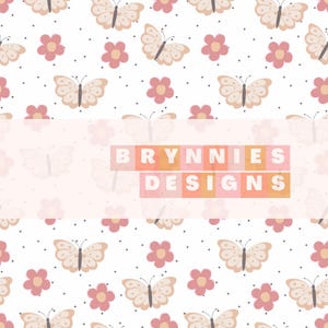 May include: A seamless pattern featuring pink flowers and beige butterflies on a white background with black polka dots. The text "BRYNNIES DESIGNS" is displayed in a banner at the bottom of the image.