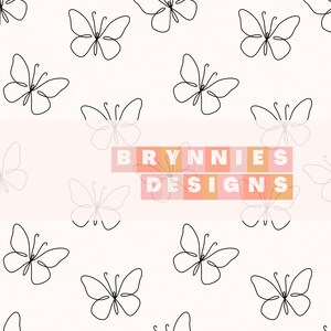 Könnte beinhalten: Ein weißer Hintergrund mit einem sich wiederholenden Muster aus schwarzen Linienzeichnungen von Schmetterlingen. Der Text "BRYNNIES DESIGNS" befindet sich in der Mitte des Bildes in rosa und orangefarbenen Quadraten.