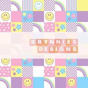 May include: A colourful patchwork pattern with rainbows, smiley faces, and flowers. The text "BRYNNIES DESIGNS" is in the centre of the image.