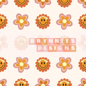 Retro Smiley Flowers Seamless Repeat Digital Pattern- Fabric- Paper- Seamless File- PNG- Digital Art