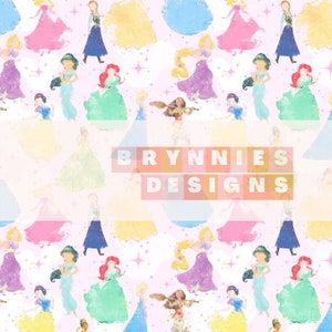 May include: A seamless pattern featuring various Disney princesses in watercolor style. The princesses are depicted in their iconic dresses and poses, with a pink background and sparkling stars. The text "BRYNNIES DESIGNS" is displayed in the center of the pattern.