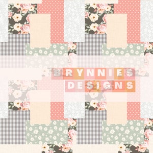 May include: A digital collage featuring a patchwork of fabric squares in various patterns and colors, including floral, polka dot, gingham, and solid colors. The colors are predominantly pink, green, and white. The text "BRYNNIES DESIGNS" is superimposed on the collage.