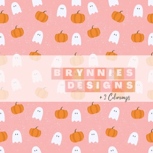 May include: A repeating pattern of orange pumpkins and white ghosts on a pink background. The design includes the text "BRYNNIES DESIGNS" and "+ 2 Colorways". This Halloween-themed pattern is suitable for various applications.