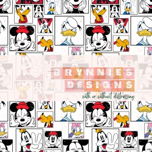 May include: A seamless pattern featuring cartoon characters from Disney's Mickey Mouse franchise. The pattern includes Mickey Mouse, Minnie Mouse, Donald Duck, Goofy, and Pluto. The characters are depicted in various poses and expressions, with a comic book-style border around each character. The background is white with a subtle distressed texture.
