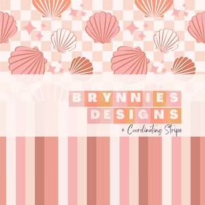 May include: A seamless pattern featuring pink and white seashells on a checkered background with pink stars. The pattern is repeated throughout the image. The text "BRYNNIES DESIGNS + Coordinating Stripe" is displayed at the bottom of the image.