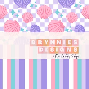 May include: A digital illustration of a pink and purple seashell pattern on a white and purple checkered background. The text "BRYNNIES DESIGNS + Coordinating Stripe" is at the bottom of the image.