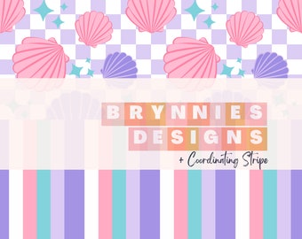 Summer Shell Retro Checker with coordinating stripe- Digital Pattern, Seamless Repeat Pattern, Fabric Pattern, Seamless File- Swim- Beach