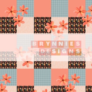 May include: A digital illustration of a patchwork quilt with a floral pattern. The quilt is made up of squares of different colours, including pink, blue, and black. The squares are arranged in a grid pattern. The quilt is decorated with orange flowers.