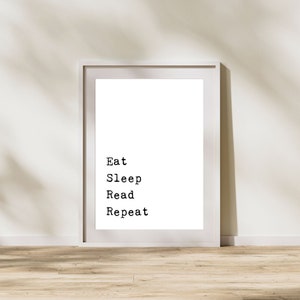 Eat Sleep Read Repeat Print, decoração de biblioteca doméstica, decoração de recanto de leitura, exibição de livro, pôster de leitura, arte de parede com citações de livros, arte de parede literária
