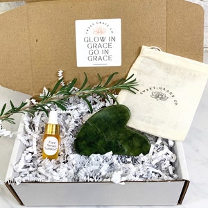 Gua Sha massage, self care, natural skincare gift idea set, organic beauty products, face oil, crystals, jade crystal, facial oil, massage