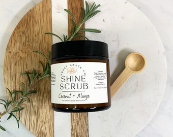 Organic Sugar Scrub: Coconut Mango Exfoliating Body Scrub, natural skincare, vegan sugar scrub, crystal infused, jojoba oil, glowing skin