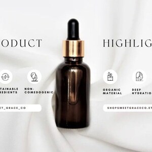 May include: A dark brown glass bottle with a gold lid and dropper. The bottle is filled with a clear liquid. The bottle is sitting on a white fabric background. The image also includes text that says "PRODUCT" and "HIGHLIGHTS" along with a list of product features.