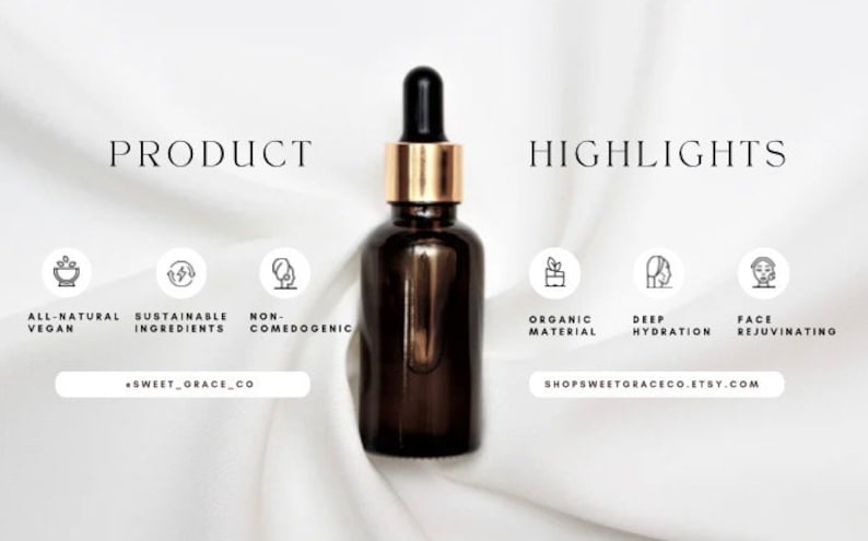 May include: A dark brown glass bottle with a gold lid and dropper. The bottle is filled with a clear liquid. The bottle is sitting on a white fabric background. The image also includes text that says "PRODUCT" and "HIGHLIGHTS" along with a list of product features.