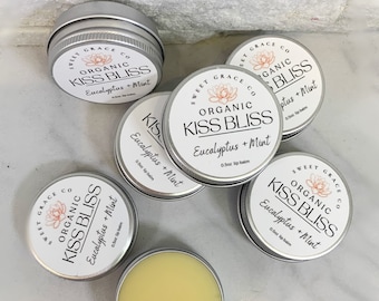 Organic Vegan Lip Balm: Eucalyptus Mint Kiss Bliss, Lipstick, organic lip balm, lipgloss, skincare, gift ideas, beauty treatments, glowing
