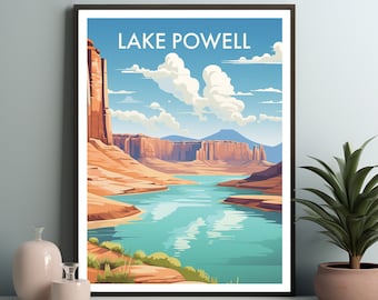 May include: A vintage travel poster design featuring a scenic view of Lake Powell in Utah. The poster has a blue sky with white clouds, a turquoise lake, and red rock canyons. The text "LAKE POWELL" is printed in white at the top of the poster.