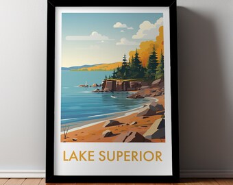Könnte beinhalten: Ein Vintage-Reiseposter mit einer malerischen Aussicht auf den Lake Superior. Das Poster zeigt eine felsige Küste mit Bäumen und einem Segelboot in der Ferne. Der Text "LAKE SUPERIOR" ist in einem gelben Banner unten dargestellt.
