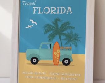 Florida (Digital Download) Travel Poster Retro Surf Art Print Printable Home Decor