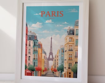 Plakat podróżniczy z Paryżem, sztuka ścienna w stylu retro (do pobrania w wersji cyfrowej)