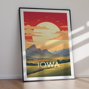 IOWA Travel Poster Printable, Modern State Wall Art Digital Download, Midwestern Farm Landscape Home Decor Gift for Country Lovers