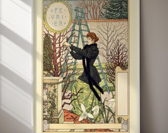 Affiche vintage Art nouveau Fevrier, art mural français, décoration imprimable, téléchargement numérique, décoration d'intérieur imprimable