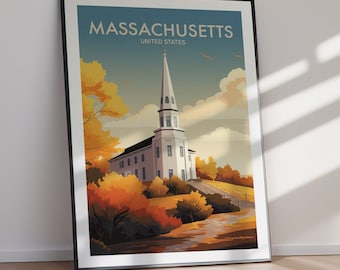 Póster de viaje de Massachusetts, arte costero de Nueva Inglaterra (descarga digital), decoración imprimible para el hogar.