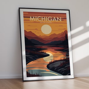 MICHIGAN Arte de viaje imprimible, Marco de impresión Downland, Cartel de viaje, Impresión de arte, Arte de pared, Decoración del hogar, Regalo para ella, Regalo para él
