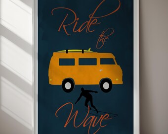 Retro Surf Van Art Print Vintage Coastal Summer Illustration (Digital Download) Printable Wall Art