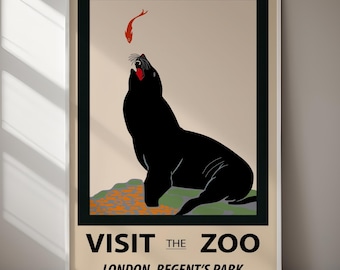 Póster vintage de la foca del zoológico de Regent's Park, lámina decorativa digital para pared, descarga digital, arte mural imprimible.