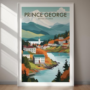 Könnte beinhalten: Eine farbenfrohe Illustration von Prince George, British Columbia, mit einer Stadt, die in einem Tal eingebettet ist, mit Bergen im Hintergrund. Die Illustration zeigt einen Fluss, Bäume und Gebäude.