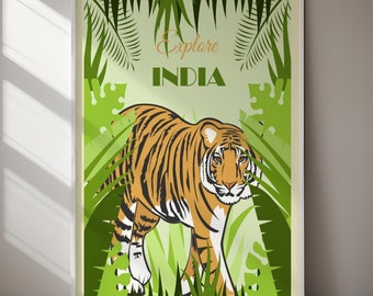 Póster de viaje vintage de la India con estampado de tigre (descarga digital) para imprimir en la pared.