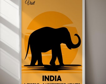 May include: A vintage travel poster with a yellow background and a silhouette of an elephant. The text reads "Visit India, A World of Adventure Awaits."