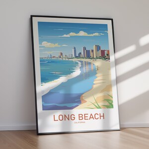 Puede incluir: Una ilustración colorida del horizonte de Long Beach en California. La imagen presenta una playa con agua azul y una costa arenosa. El horizonte de la ciudad está en el fondo, con edificios altos y un cielo azul con nubes blancas.