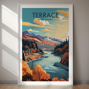 Puede incluir: Una ilustración colorida de un paisaje con un río serpenteando a través de un valle. El texto "TERRACE BRITISH COLUMBIA" está en la parte superior de la imagen.