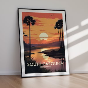 Póster de viaje de Carolina del Sur imprimible, arte mural estatal moderno (DESCARGA DIGITAL), decoración del hogar con paisajes costeros y sureños, regalo para viajeros